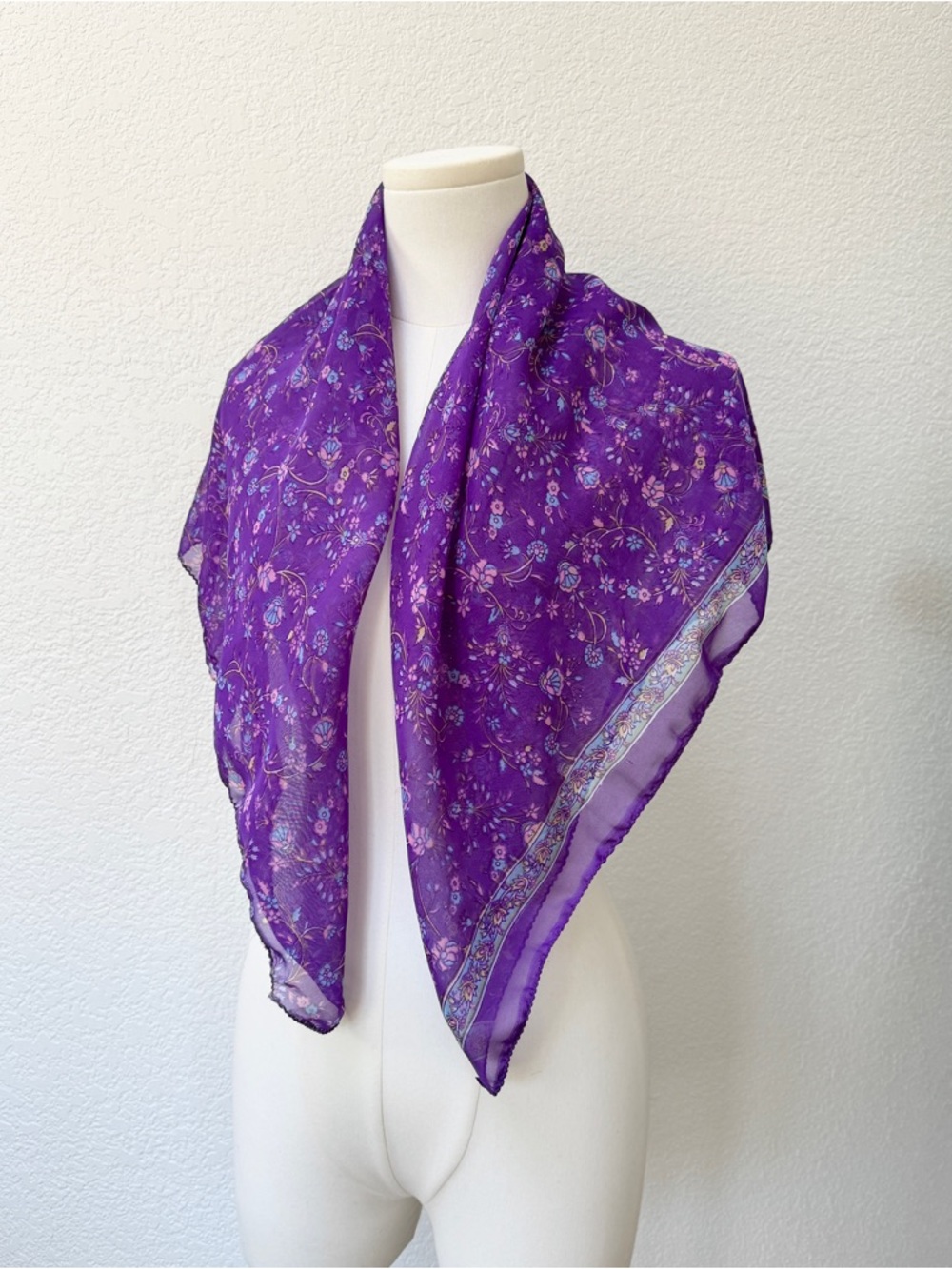 Vintage Cottage Core Purple Calico Floral Sheer Lightweight Large Square Scarf